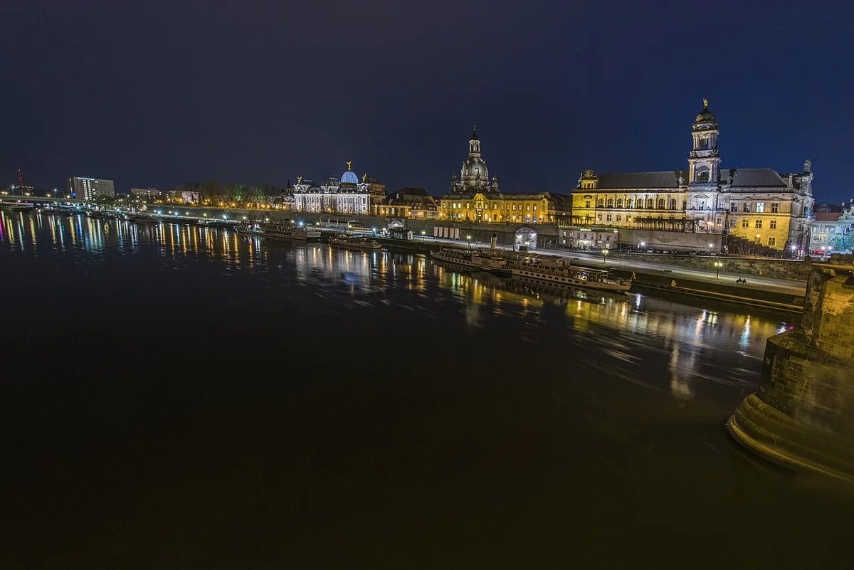 Dresden skyline and the Elbe river at night